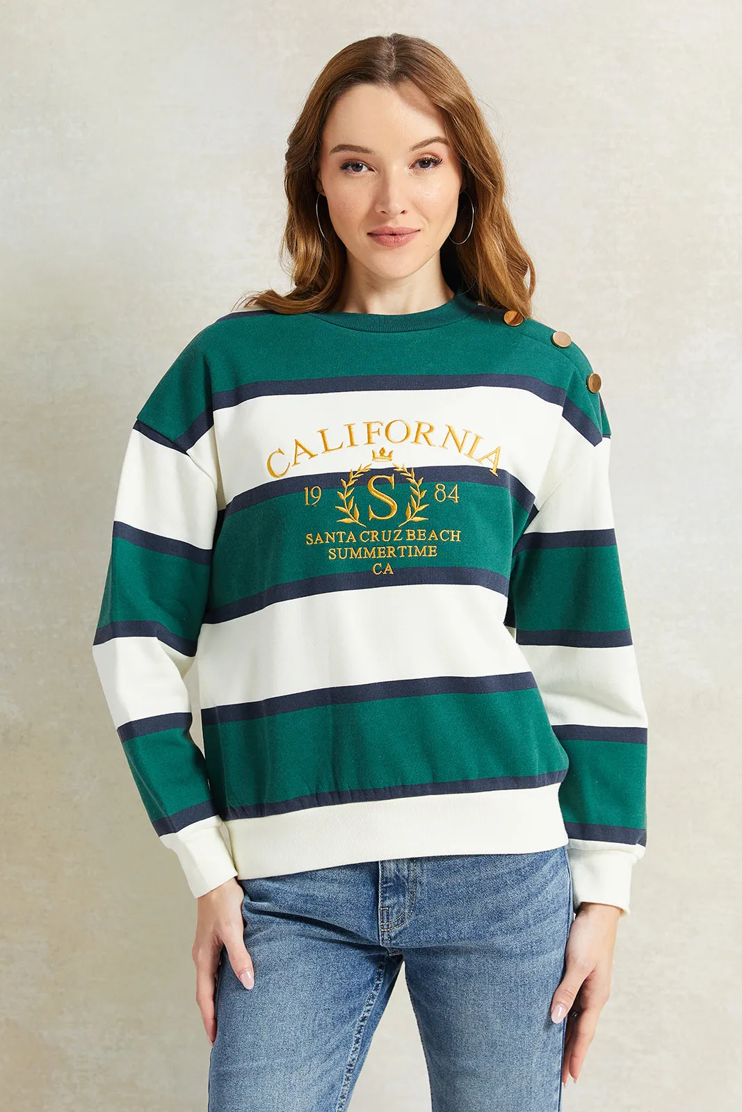 Women Green And White Striped Printed Sweatshirt