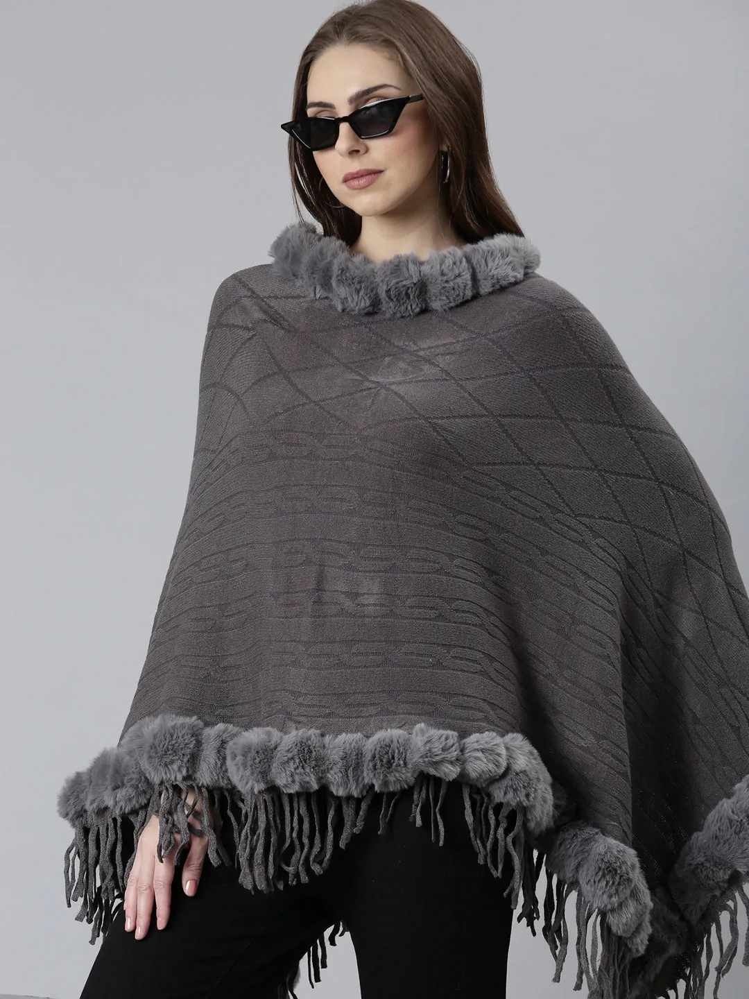 Women Grey Self Design Poncho