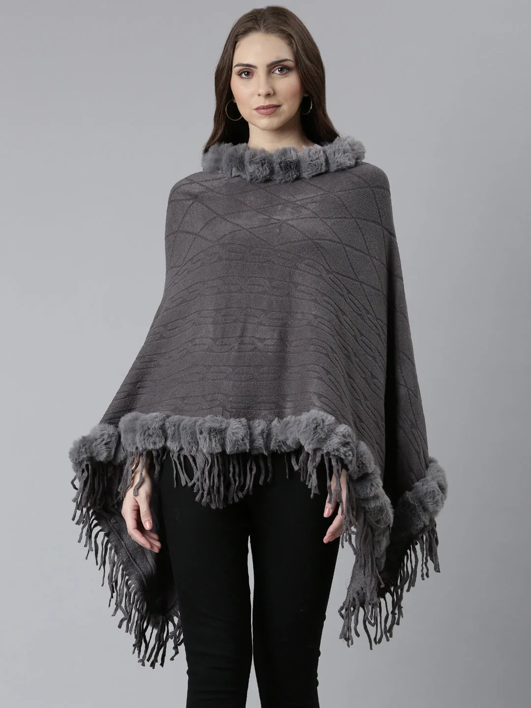 Women Grey Self Design Poncho