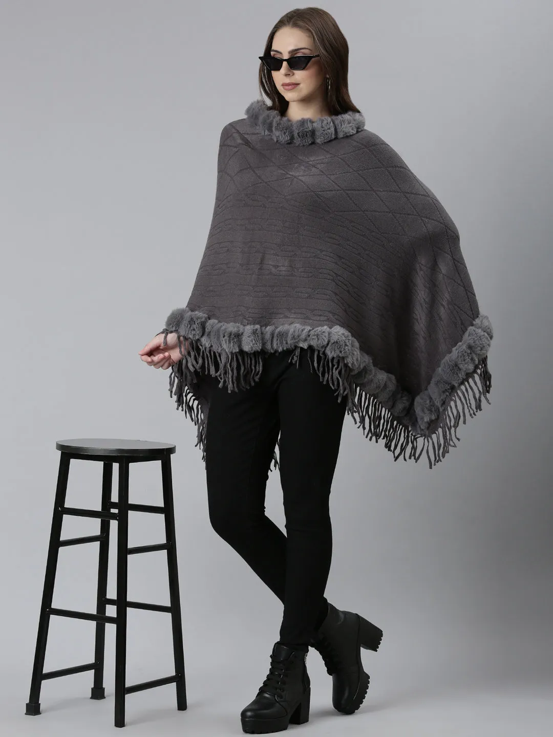 Women Grey Self Design Poncho