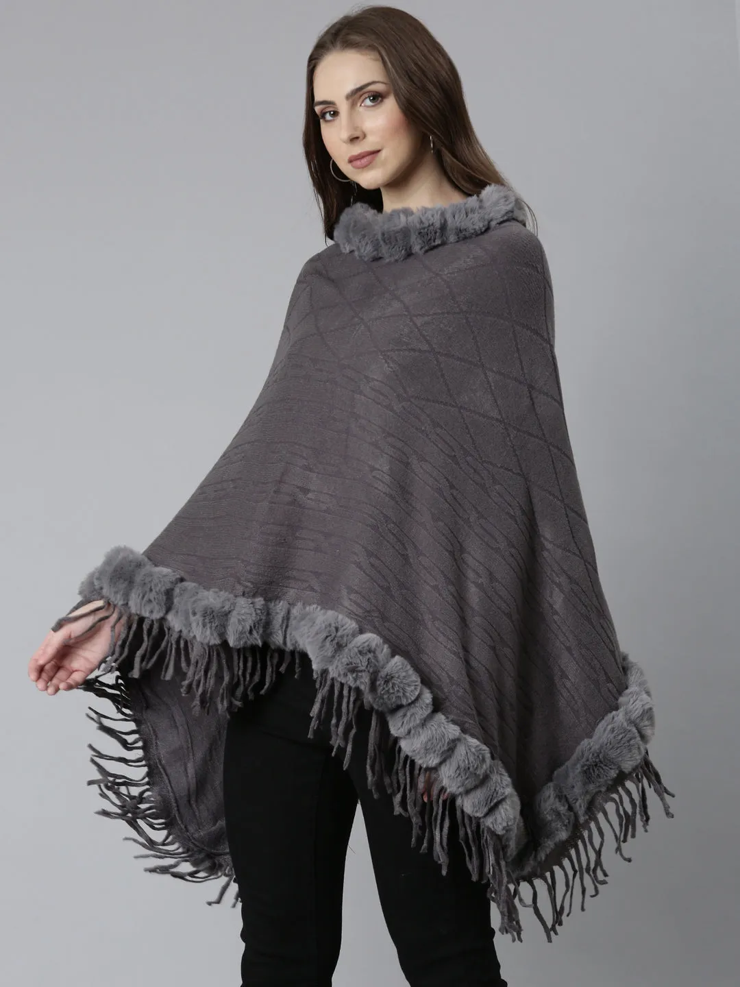 Women Grey Self Design Poncho