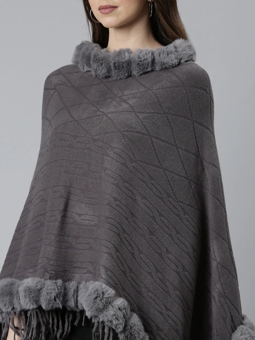 Women Grey Self Design Poncho