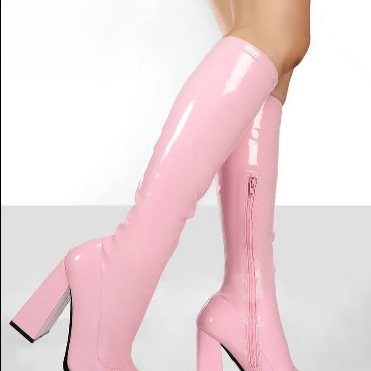 Women high heel chunky solid color square toed knee high boots