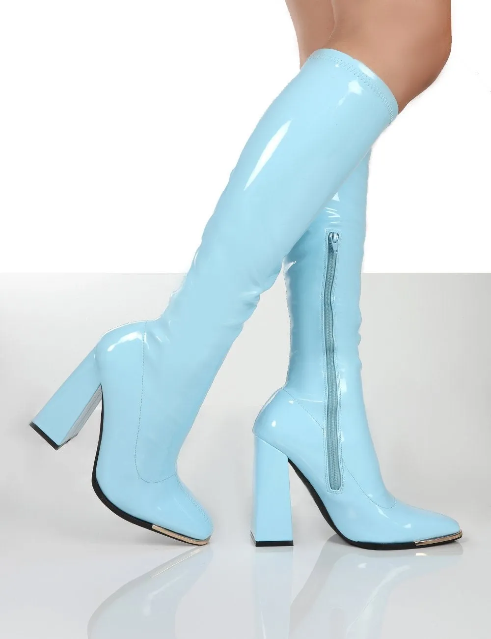 Women high heel chunky solid color square toed knee high boots