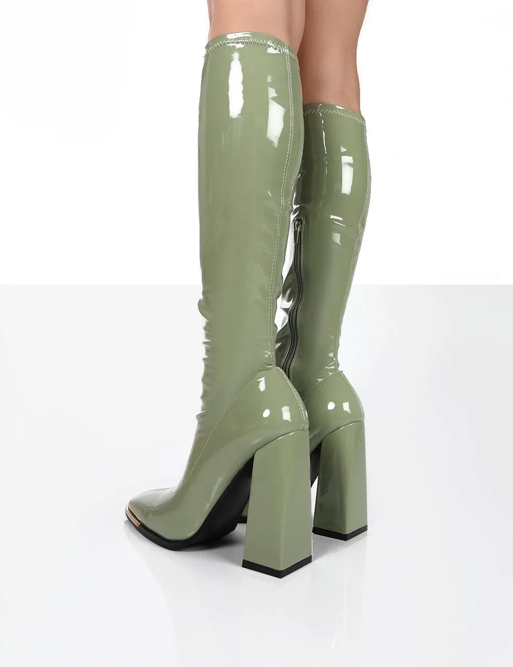 Women high heel chunky solid color square toed knee high boots