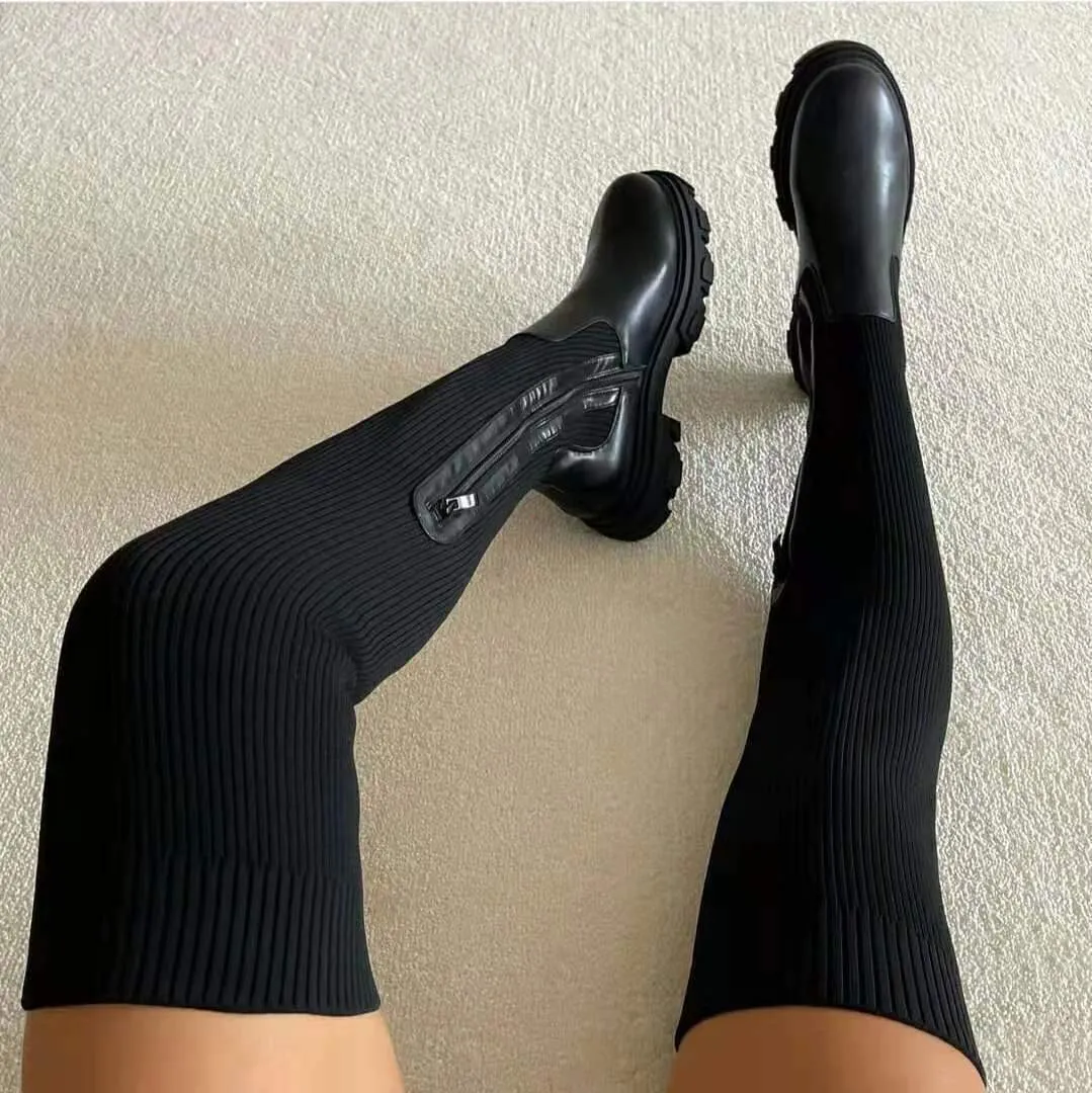 Women knit elastic sock chunky platform over the knee boots