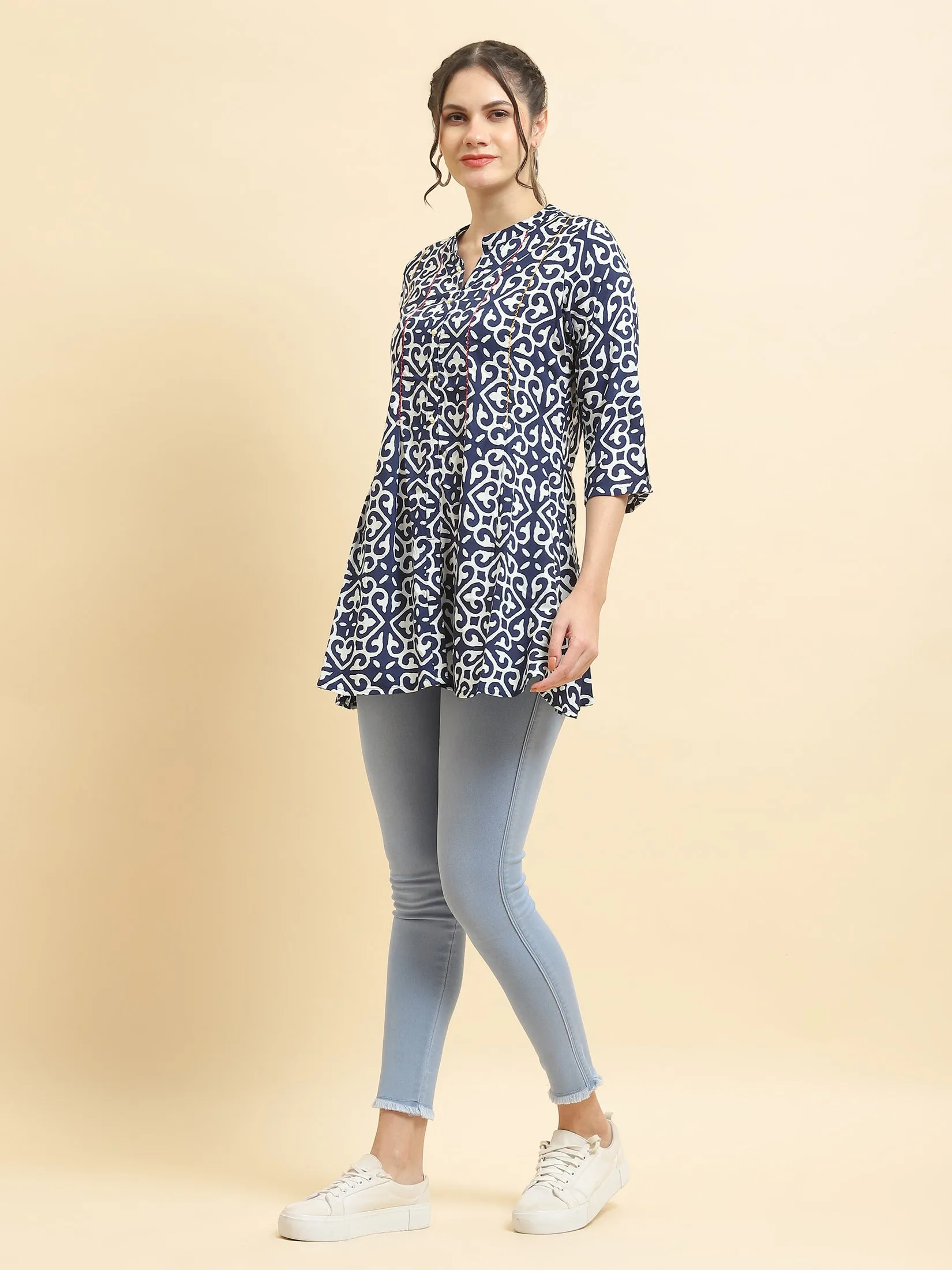 Women Liva Rayon Navy Blue Geometric Print Tunic