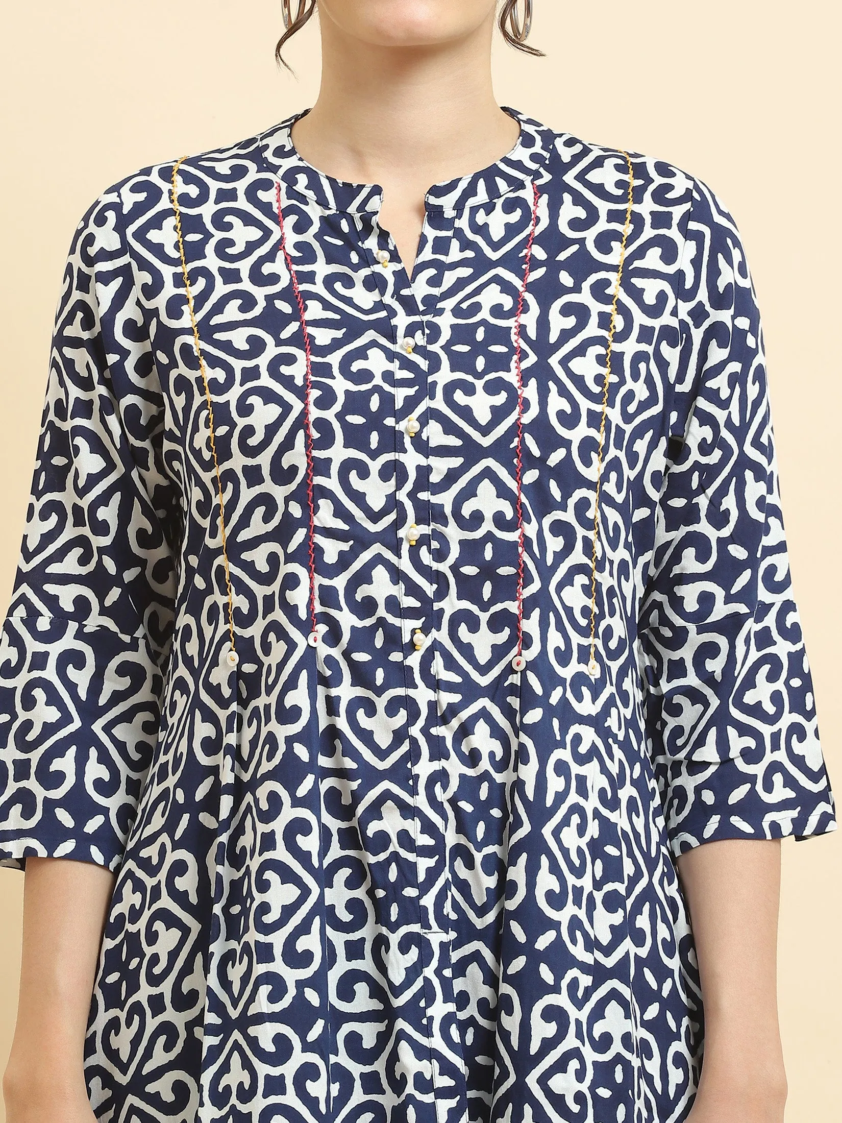 Women Liva Rayon Navy Blue Geometric Print Tunic