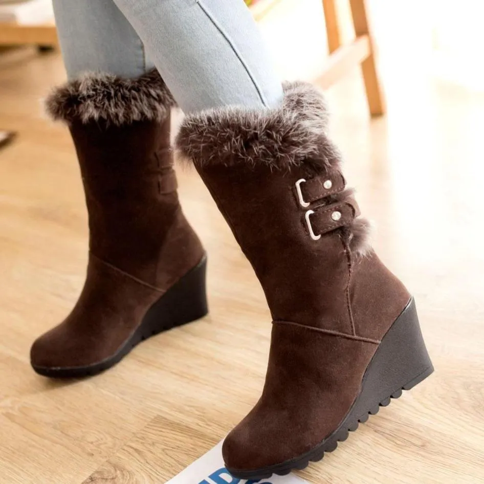 Women wintter wedge mid calf faux fur snow boots