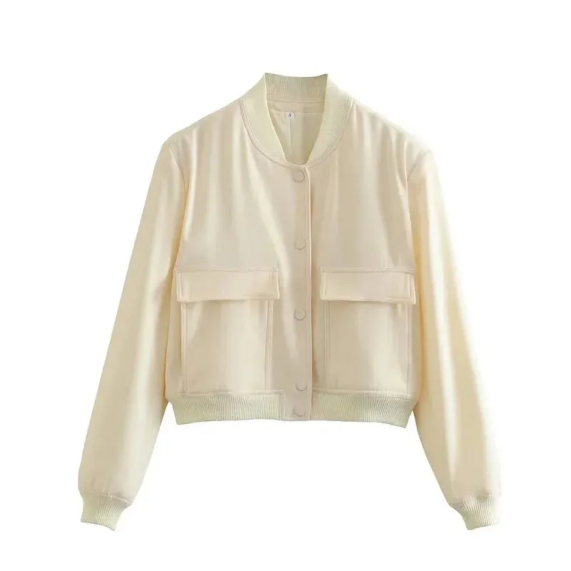 Womens Button Baseball Aviator Cropped Bomber Jacket