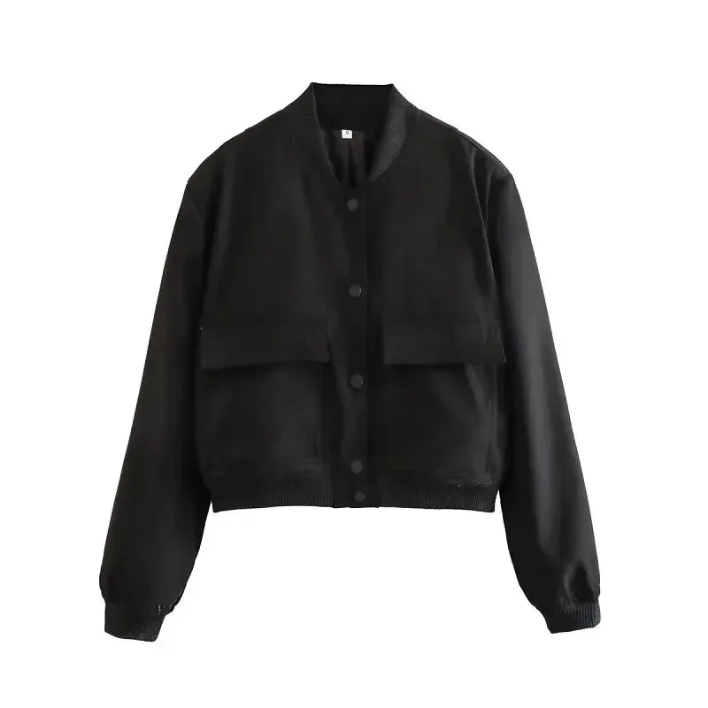 Womens Button Baseball Aviator Cropped Bomber Jacket