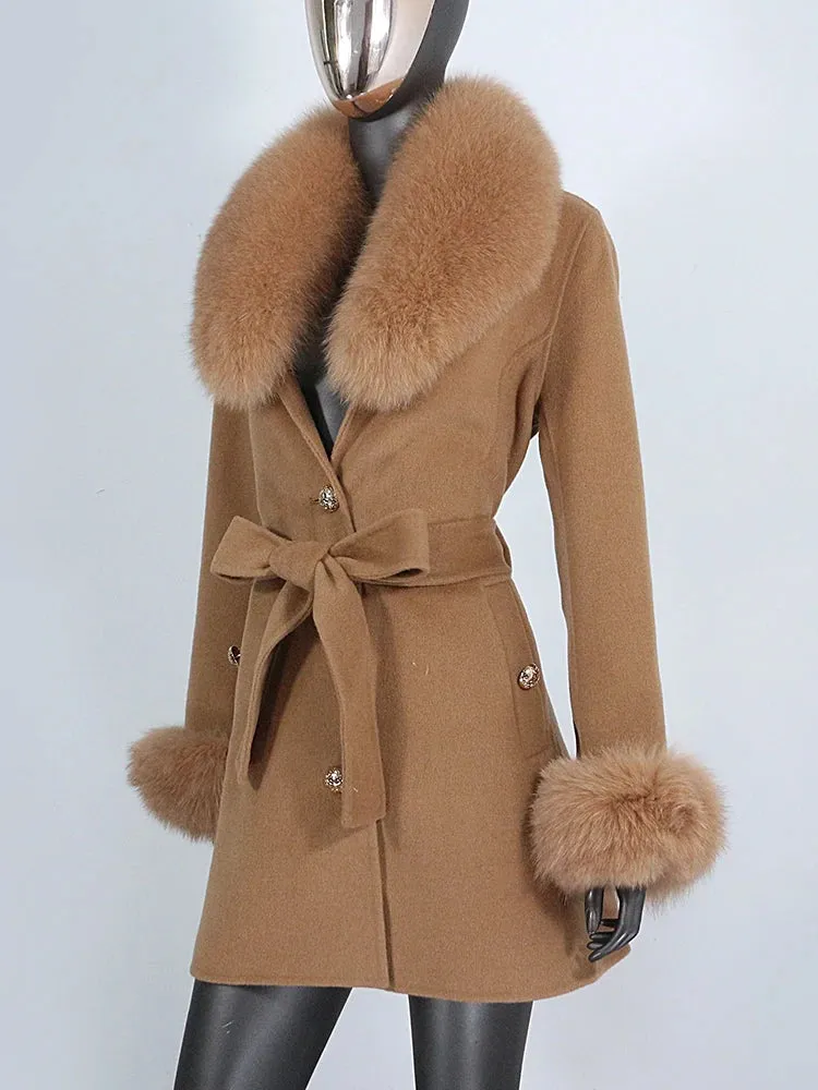 Women's Cashmere Wool Coat with Fox Fur Collar