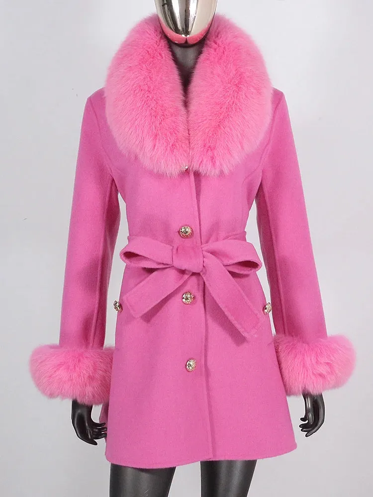 Women's Cashmere Wool Coat with Fox Fur Collar