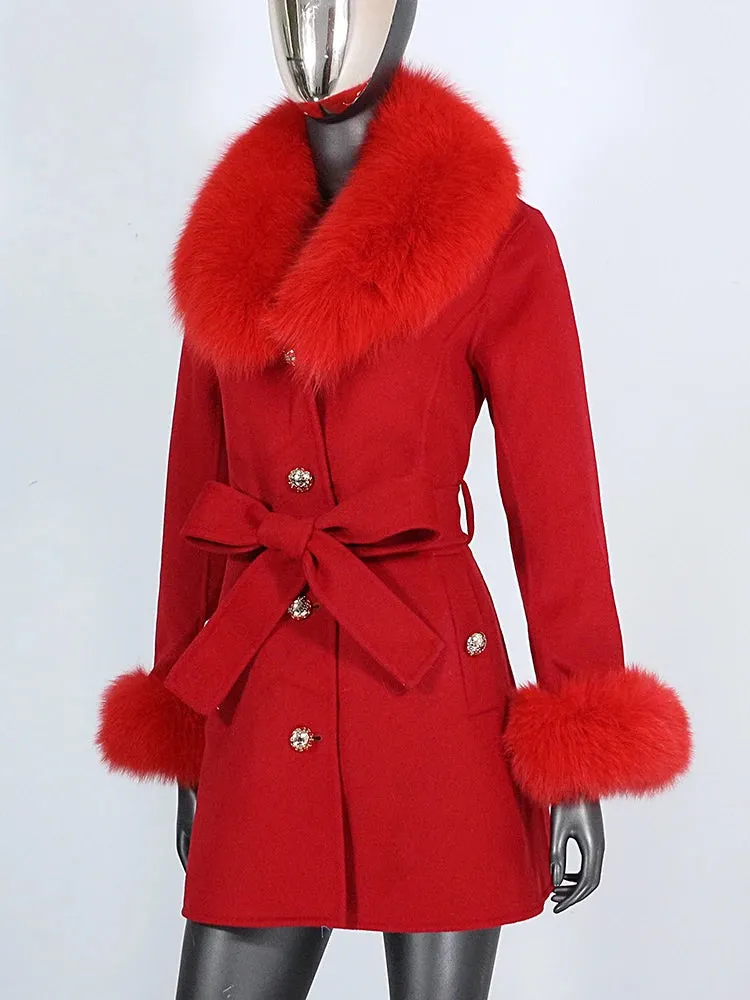 Women's Cashmere Wool Coat with Fox Fur Collar