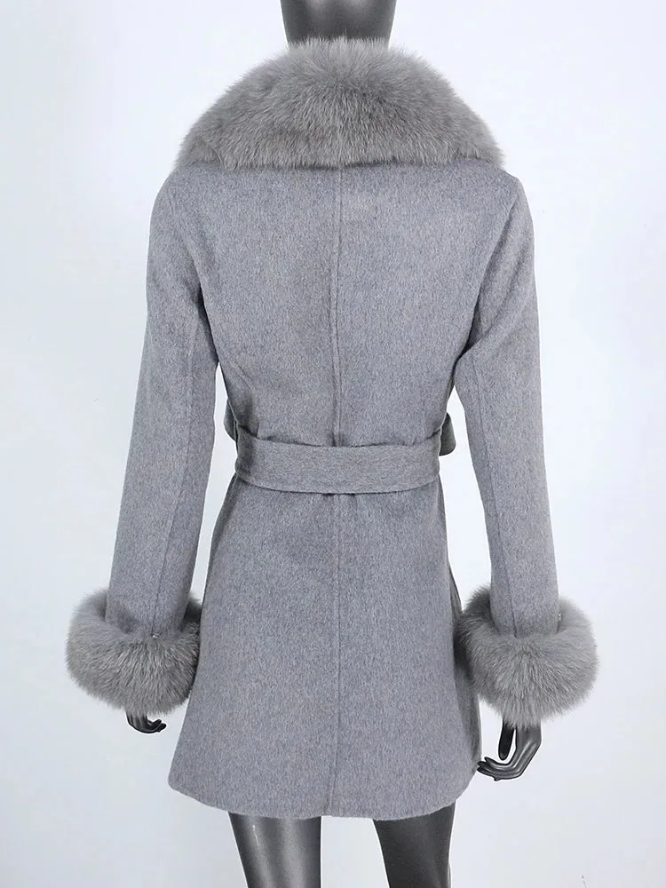 Women's Cashmere Wool Coat with Fox Fur Collar