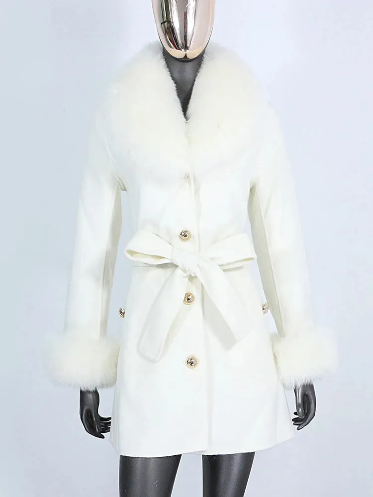 Women's Cashmere Wool Coat with Fox Fur Collar