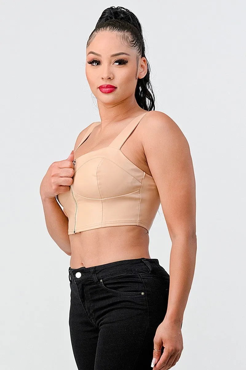 Women's Lux Faux Leather Pu Zipup Strap Sleeveless Cropped Top