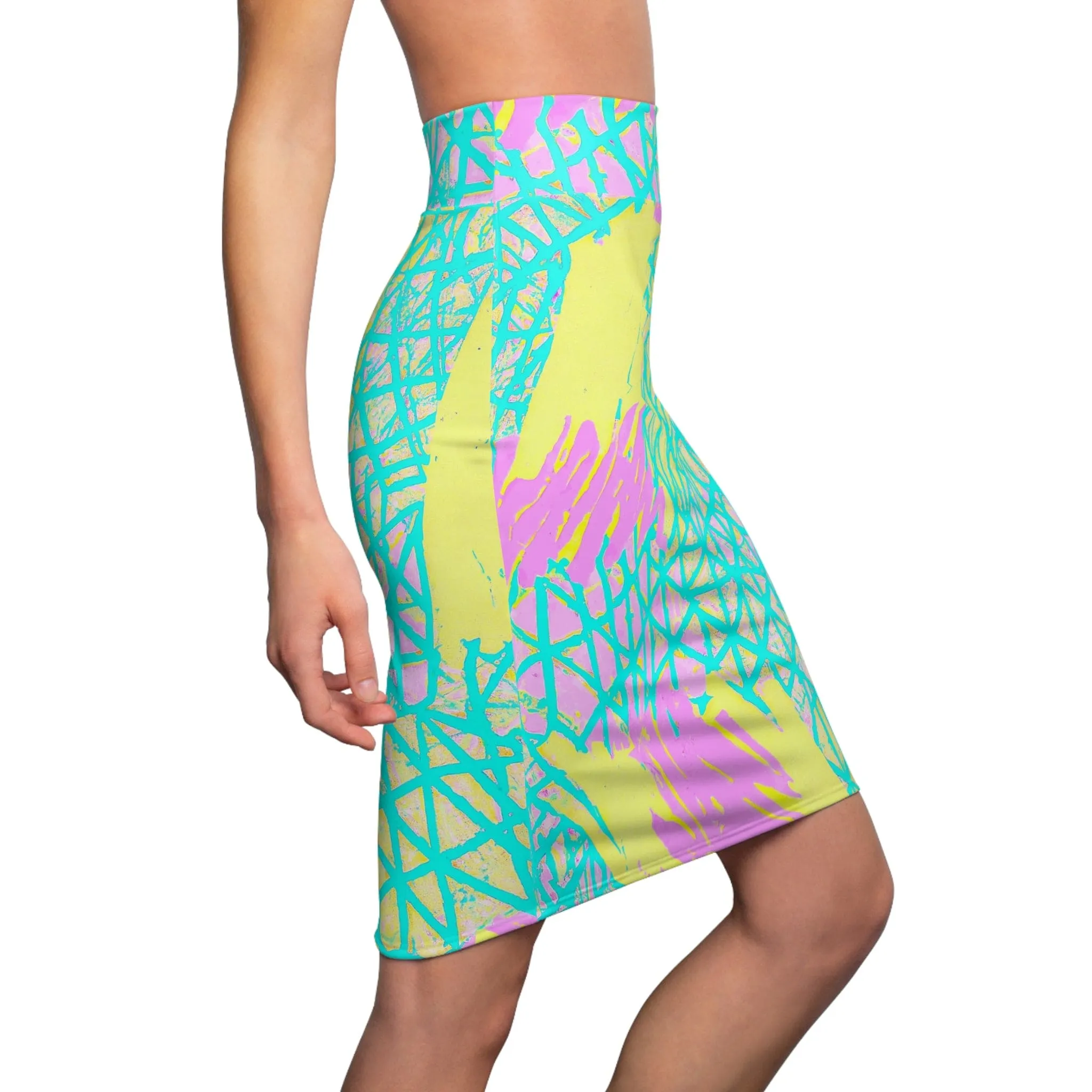 Womens Pencil Skirt - Cyan Blue Lime Green and Pink Pattern