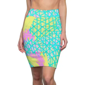 Womens Pencil Skirt - Cyan Blue Lime Green and Pink Pattern