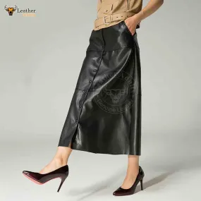 Womens Real Lambskin Leather Black Long Maxi Skirt Vintage Button Pocket Maxi Skirt