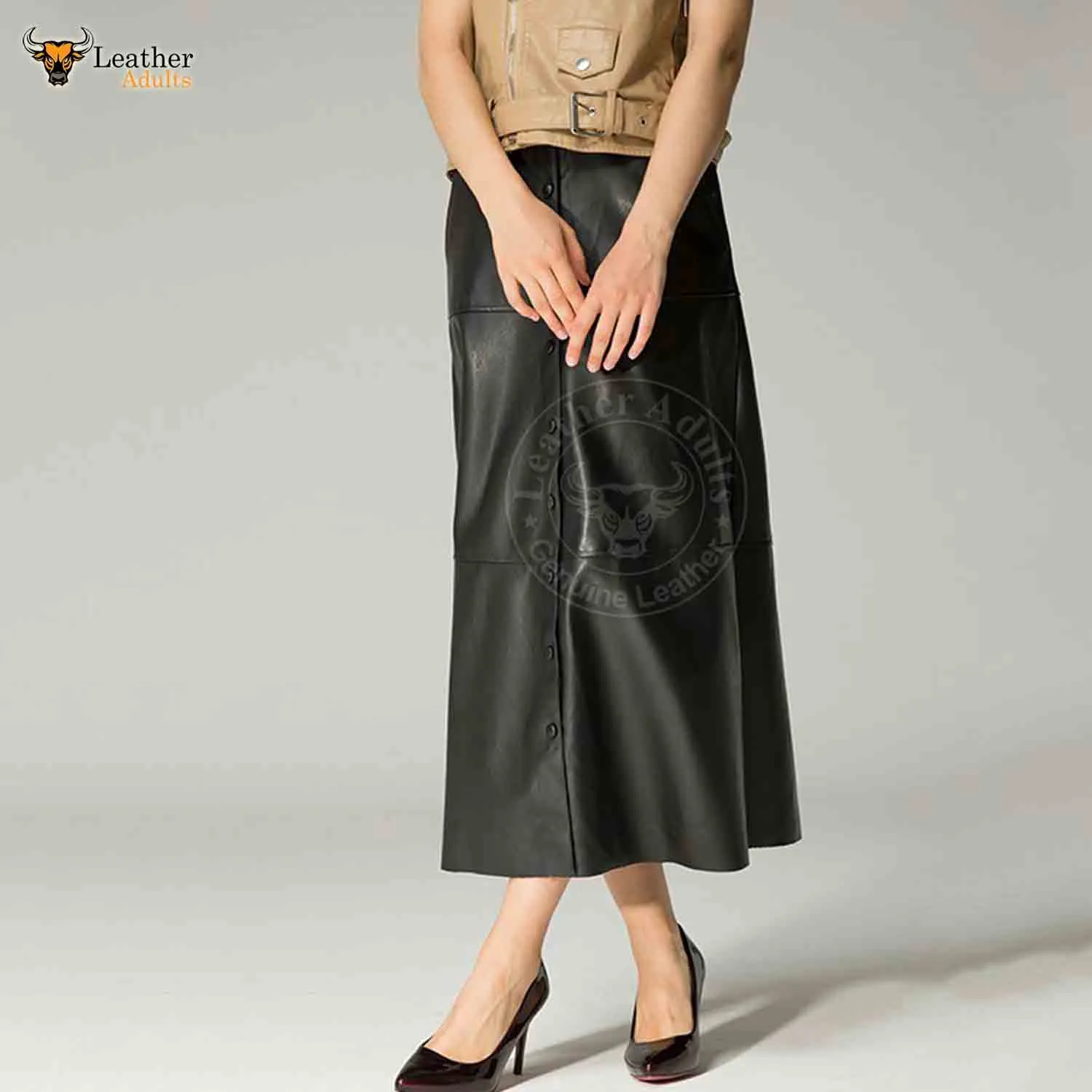 Womens Real Lambskin Leather Black Long Maxi Skirt Vintage Button Pocket Maxi Skirt