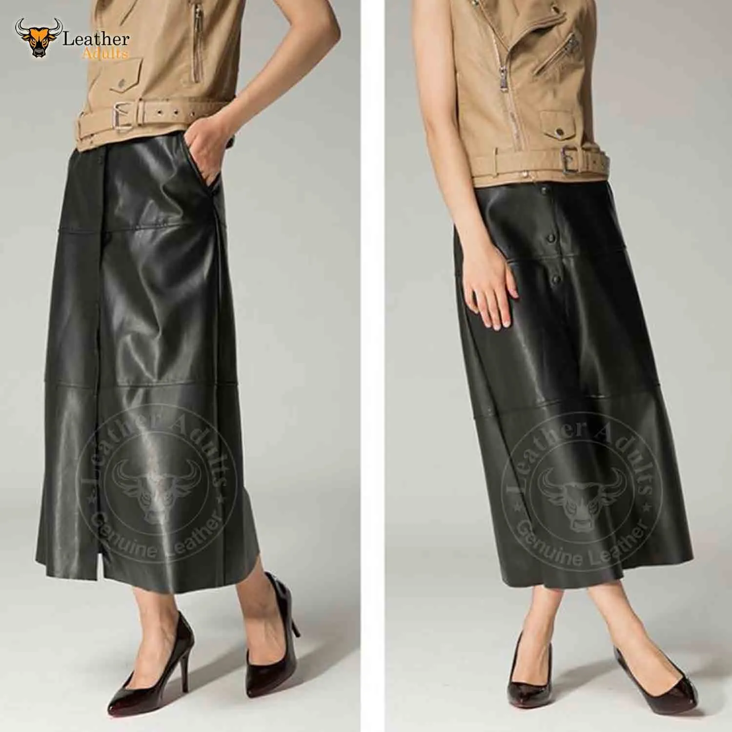 Womens Real Lambskin Leather Black Long Maxi Skirt Vintage Button Pocket Maxi Skirt