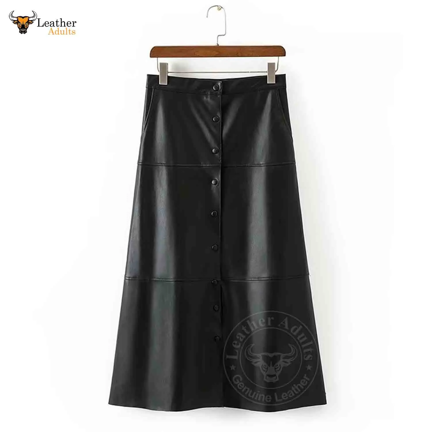 Womens Real Lambskin Leather Black Long Maxi Skirt Vintage Button Pocket Maxi Skirt