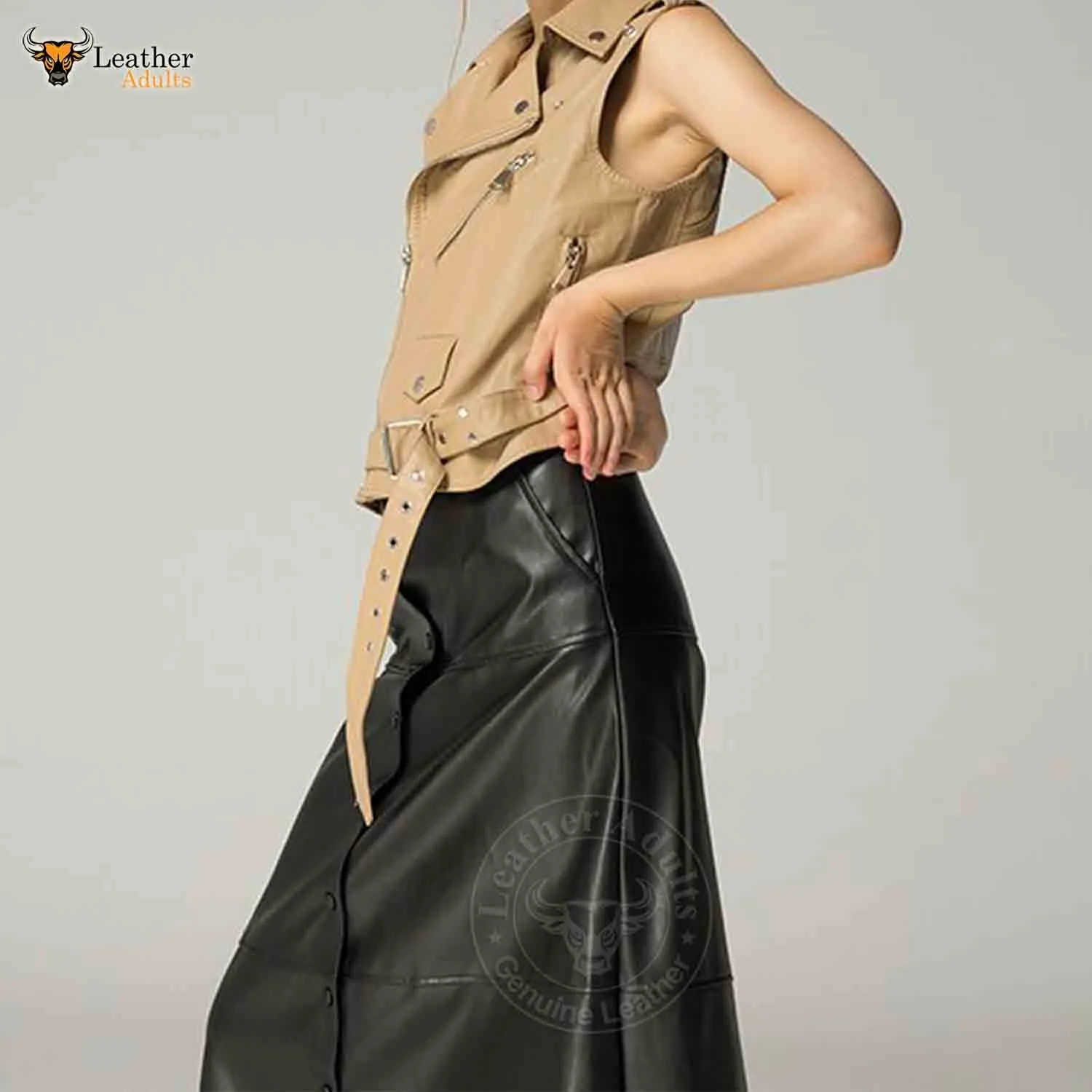 Womens Real Lambskin Leather Black Long Maxi Skirt Vintage Button Pocket Maxi Skirt