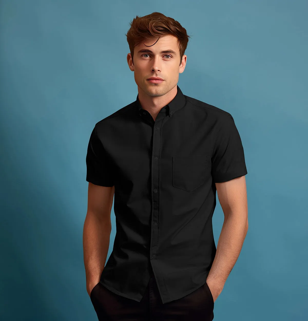 Wrinke Resistant Oxford - Button-Down Collar - Short Sleeve - Black