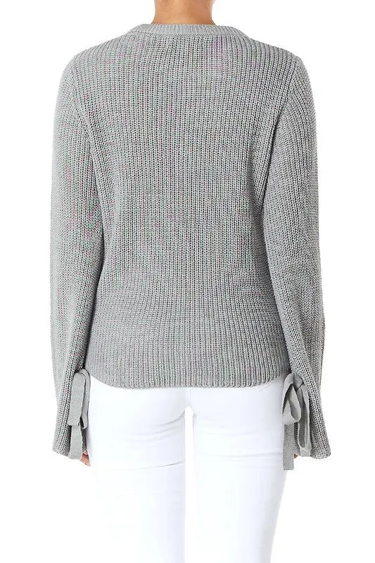 Yemak Women's Long Bell Sleeve with Bow Ties Waffle Knit Sweater Pullover MK8214