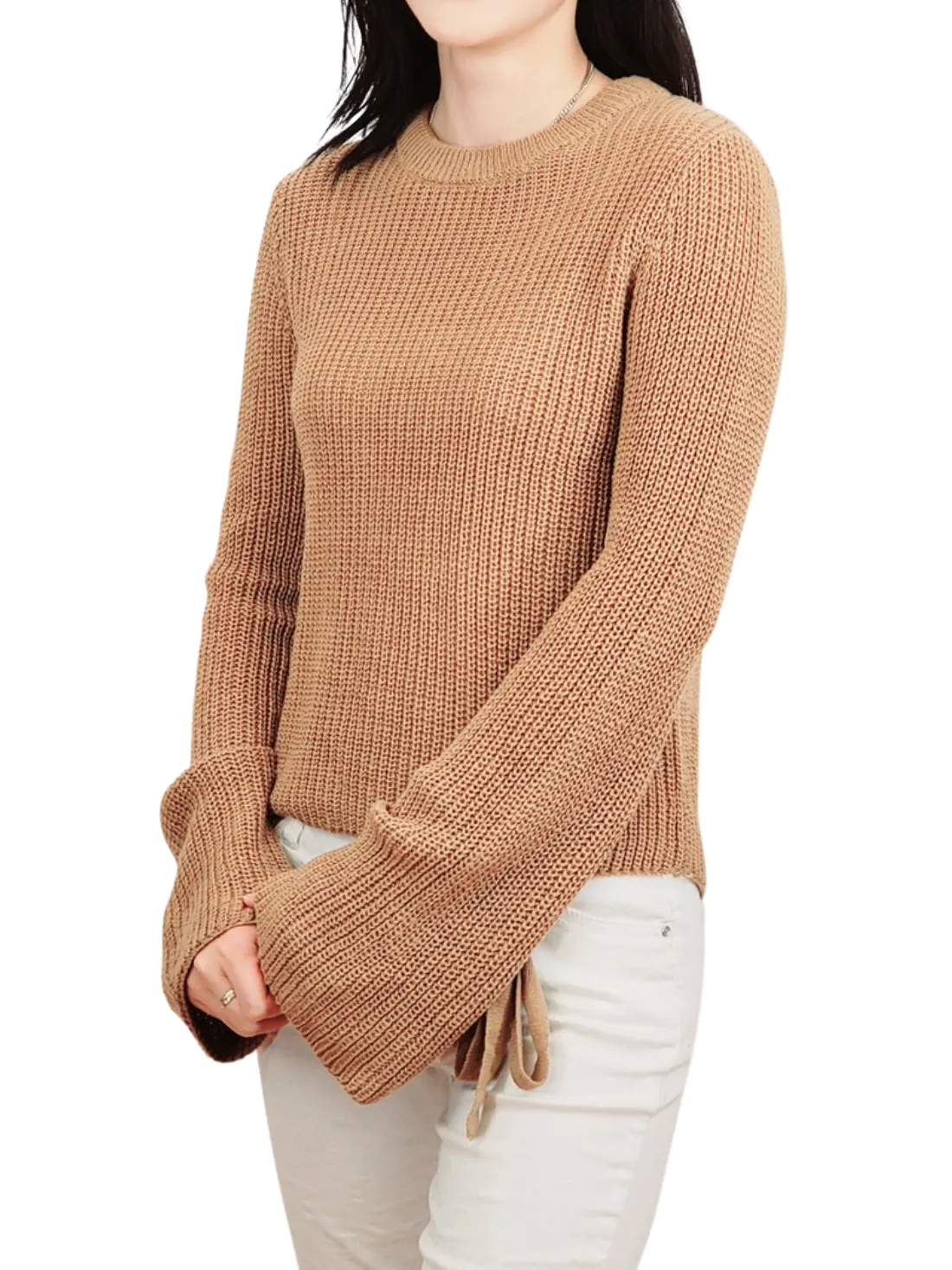 Yemak Women's Long Bell Sleeve with Bow Ties Waffle Knit Sweater Pullover MK8214