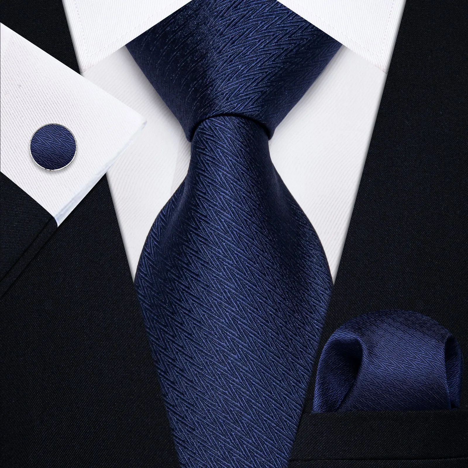 YourTies Black Solid Long Sleeve Shirt with Dark Blue Novelty Silk Tie for Men