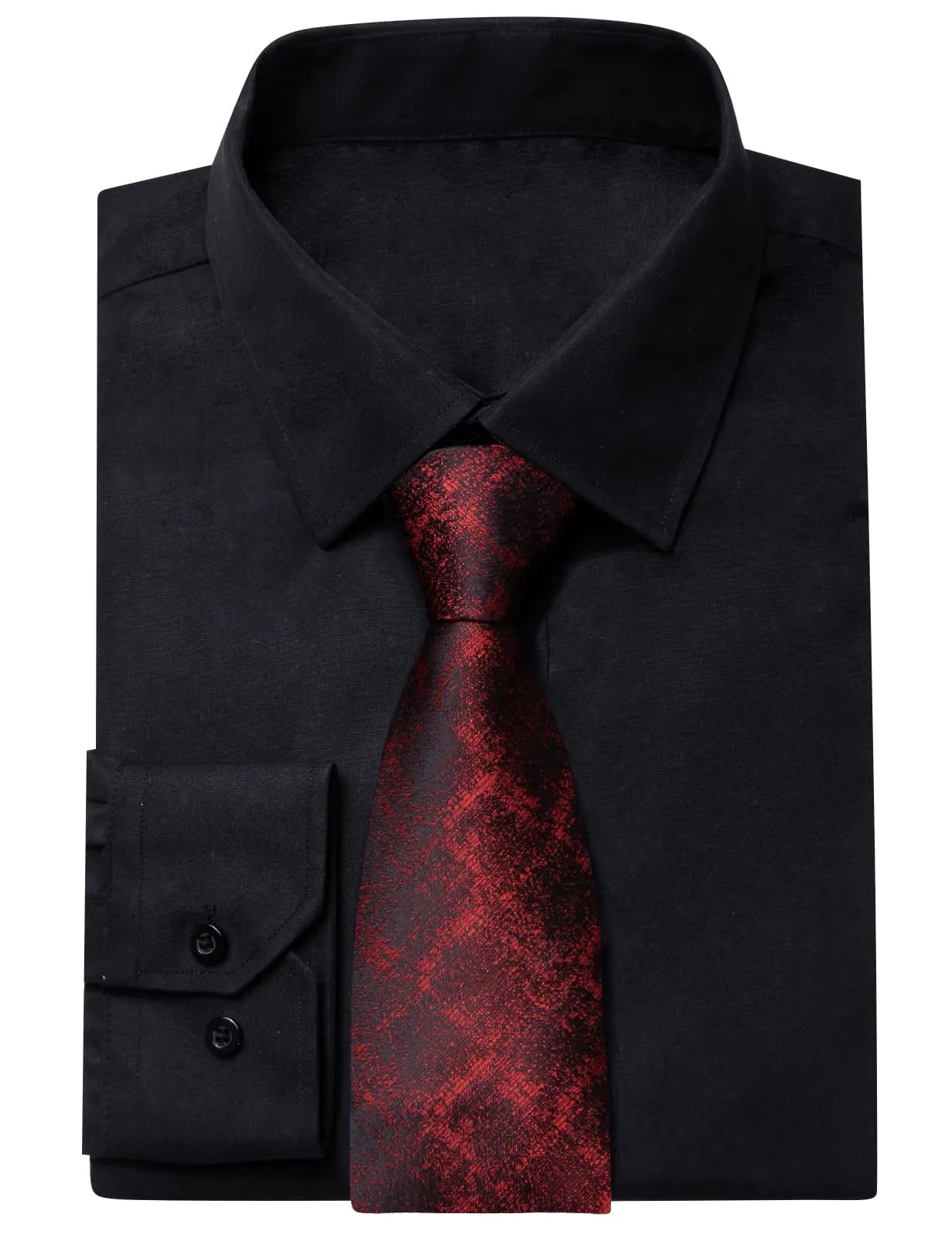 YourTies Black Solid Long Sleeve Shirt with Red Black Plaid Silk Tie for Men