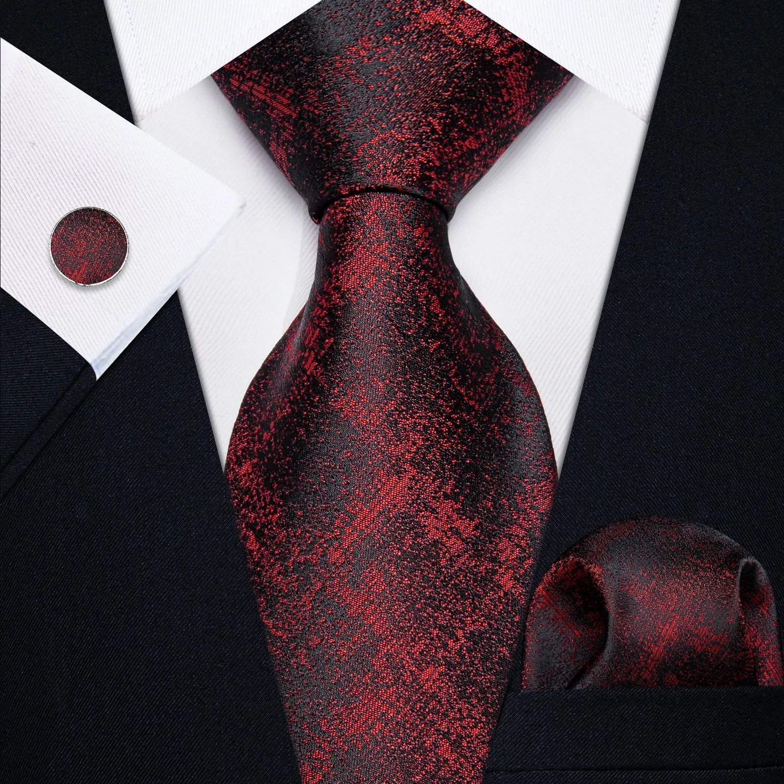 YourTies Black Solid Long Sleeve Shirt with Red Black Plaid Silk Tie for Men