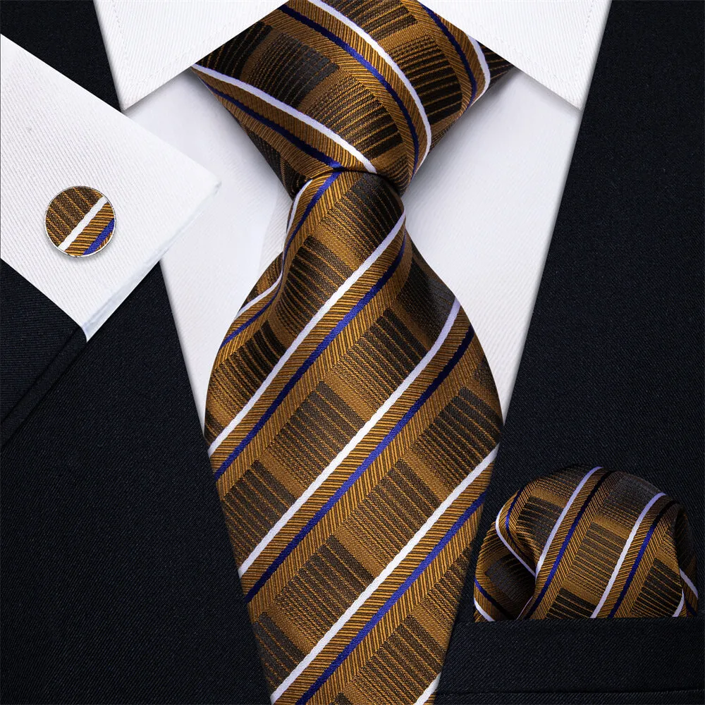 YourTies White Solid Long Sleeve Shirt with Deep Brown Striped Silk Tie for Men